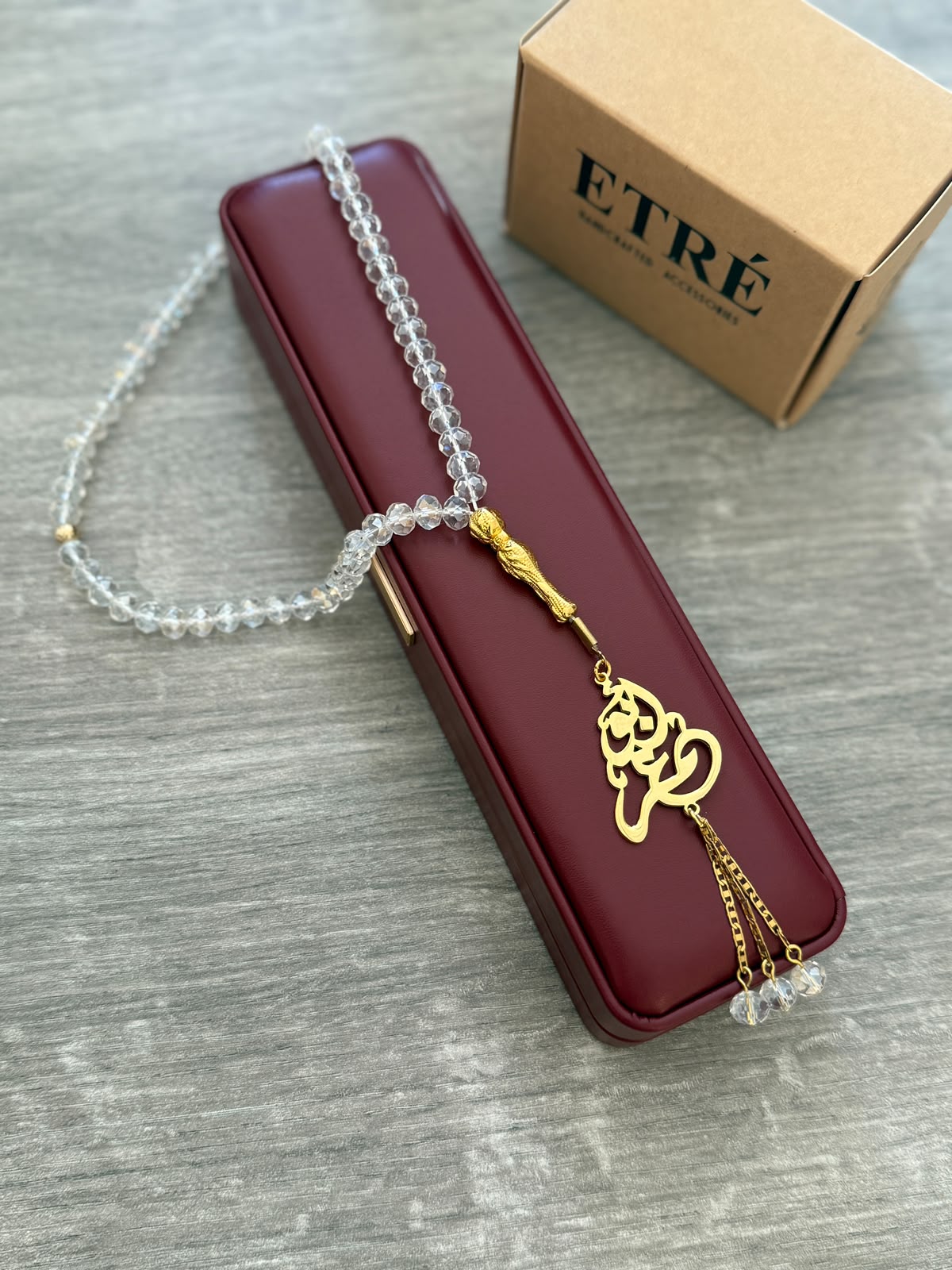 Custom Arabic Calligraphy Misbaha – Personalized Name Pendant (Clear Crystal & Gold)