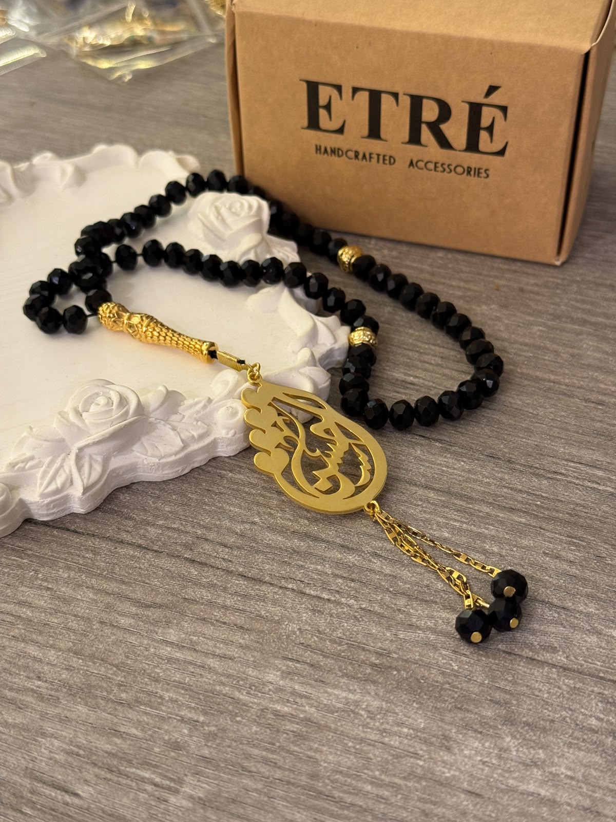 Custom Arabic Calligraphy Gold Plated & Black Misbaha