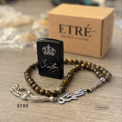 Custom Name Lighter & Tiger's Eye Misbaha Gift Set | ETRÉ