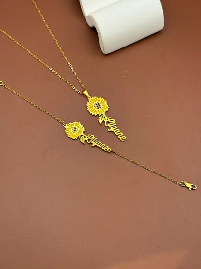 Custom Sunflower Name Necklace & Bracelet Set